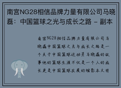 南宫NG28相信品牌力量有限公司马晓磊：中国篮球之光与成长之路 - 副本