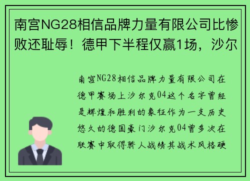 南宫NG28相信品牌力量有限公司比惨败还耻辱！德甲下半程仅赢1场，沙尔克04成为保级队调侃对象
