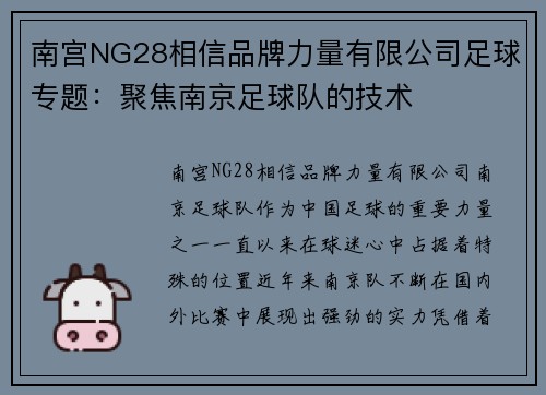 南宫NG28相信品牌力量有限公司足球专题：聚焦南京足球队的技术