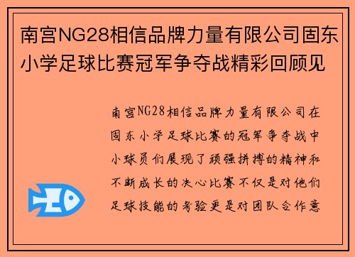 南宫NG28相信品牌力量有限公司固东小学足球比赛冠军争夺战精彩回顾见证小球员们的拼搏与成长