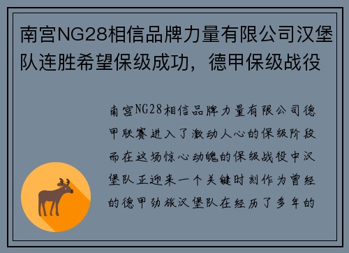 南宫NG28相信品牌力量有限公司汉堡队连胜希望保级成功，德甲保级战役再次激烈进行