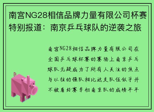 南宫NG28相信品牌力量有限公司杯赛特别报道：南京乒乓球队的逆袭之旅