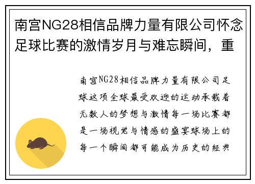 南宫NG28相信品牌力量有限公司怀念足球比赛的激情岁月与难忘瞬间，重温绿茵场上的辉煌时刻